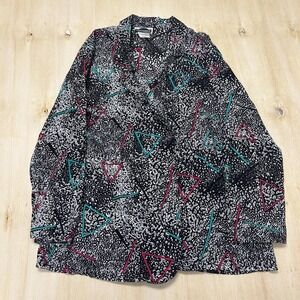 Vintage Geometric Long Sleeve Rayon Button Up Shirt Womens 13/14 Black